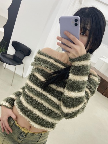 mari stripe off shoulder fur knit