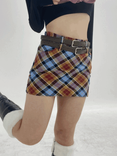 chichi check two belt wool mini skirt